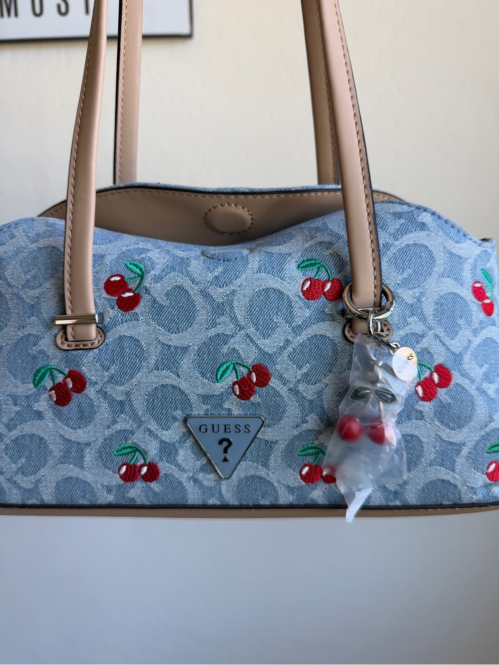 Guess Cherry-Print Shoulder Bag in Denim - Picture 2 of 7